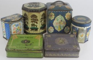 Collection of Six Enamel Tea Caddies & Biscuit Tins. Including, The Greys, Royal Scots Greys,