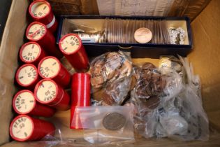 Box of assorted British coins to include Copper Pennies in Tubes