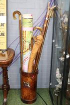 Collection of assorted walking sticks to include Bone Trout stylised handle, Rams horn, Canvas