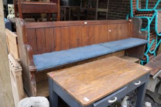 Antique Pine Stained Slatted Church Bench with upholstered seat