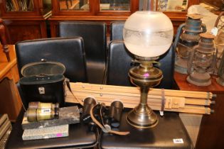 Collection of Bygones to include Windsor & Newton Easel, Oil Lamp, Binoculars etc