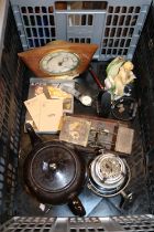 Collection of assorted bygones inc. Postage Scales, Walnut faced clock , Rostini watch etc