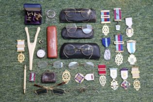 Collection of Masonic medals, Gold Rimmed spectacles, pocket watch etc