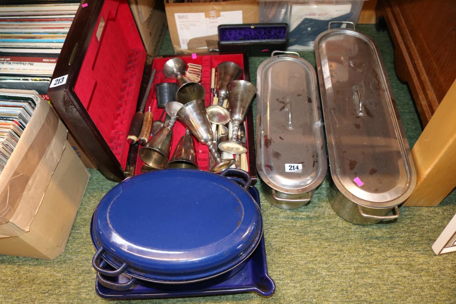 2 Stainless Steel fish kettles and assorted enamel cookware