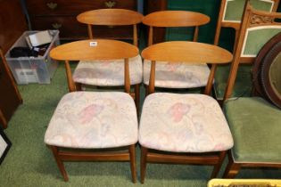 Set of 4 Mid Century Danish Style Dining chairs with oval shaped backs and upholstered seats