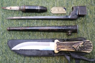 WW2 Spike Bayonet, US Pilots Visor Knife, Hunting Knife and a dagger made from a Large Bullet