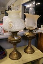 Pair of Brass Oil Lamps with Shades and Chimneys