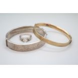 Gold Plated Bangle, Silver engraved Bangle and a Silver stone set ring