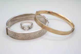 Gold Plated Bangle, Silver engraved Bangle and a Silver stone set ring
