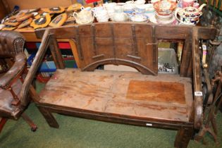 Asian Hardwood Bench seat with wrought metal supports and plank seat