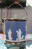 19th century Wedgwood Jasperware biscuit barrel with Silverplated metal fittings, decorated with The