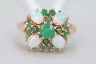 9ct Gold Ladies Emerald and Opal set Cluster ring Size L. 4g total weight