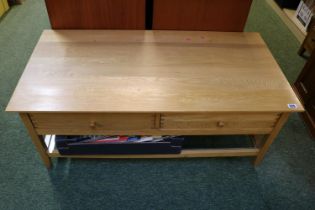 Modern Light Oak coffee table with 2 drawers and turned handles and glass under tier