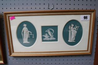 Framed Trio of Teal Green Wedgwood Plaques depicting classical figures