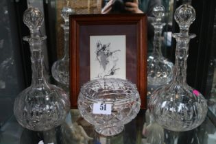 Pair of Crystal Glass decanters, Flower bowl and a Framed Signed Print of a Cat