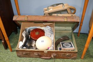 Case of assorted Bygones to include Ostrich Egg, Vintage Measure, Flatware, Tiles and Rackets