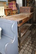 Antique Elm topped 19thC Butchers Block with Metal binding over Heavy Metal welded base