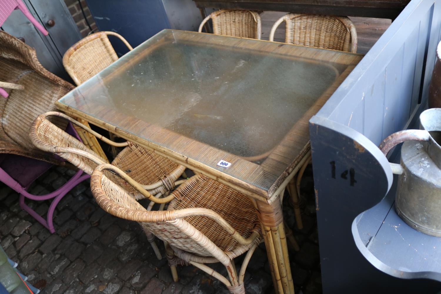 Vintage Cane Mid Century glass topped conservatory table and 5 chairs