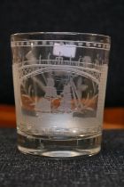 Sunderland Bridge Whisky Glass c.1830, the bucket bowl engraved with a titled view of Sunderland