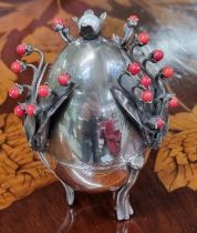 RARE c19th Russian Silver Egg Dated 1878 with branches of red berries & inset with a pearl to the