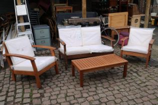 Good Quality Hardwood 3 Piece Garden sofa suite with removable cushions and slatted coffee table