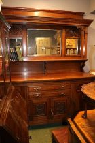 Large Victorian Oak Carved Mirror back dresser with carved base comprising of 4 cupboard doors and 2