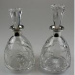 Two Kronen Denmark Cut Glass & Etched with Image of Grapes Spirit Decanters with Solid Silver