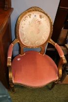Gilt Gesso Louis XIV style chair with oval back, upholstered seat over fluted legs