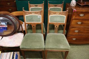 Set of 4 Art Nouveau Oak Carved dining chairs with upholstered seats and back