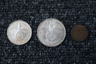 Collection of Third Reich Coins to include 5 Marks, 2 Marks and Bronze 1 Reichspfennig