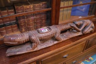 Ethnographic Hardwood carved figure of a Crocodile and man