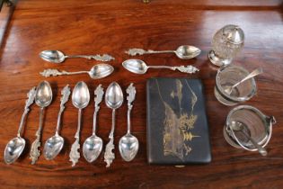 Collection of assorted Silver and White metal tableware inc. Pair of Bucket style Salts, Japanese