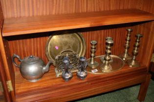 Collection of Victorian Brass candlesticks, Asian Oval Tray and assorted metalware