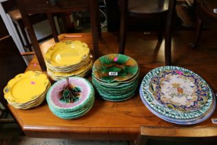 Large collection of 19thC Majolica Plates Wedgwood, Chargers & Bowls