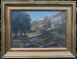 Late 19thC English Impressionist School Woodland Study Oil on Board. Unsigned. Gilt frame.