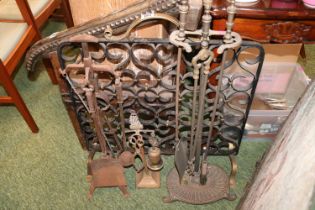 19th century and later Heavy Wrought Iron fire screen and 3 Companion sets