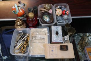 Box of assorted bygones to include Cranberry glass inkwell, Coppered letter holder etc
