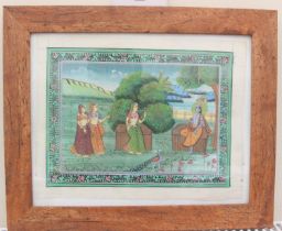 Pair of Indian School Paintings on Silk Depicting the Hindu Deity Vishnu with His three wives.