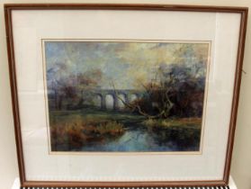 The Viaduct, Winter Light 1991 framed oil by the renowned Hertfordshire artist Kathleen M Downing.