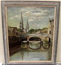 Cork 1960 framed oil by the renowned Hertfordshire artist Kathleen M Downing. Signed lower right.