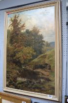 Large Oil on canvas depicting a highland stream by G Cummings 1884