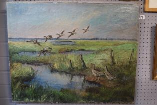 Oil on canvas depicting Geese in flight against Marshland, indistinctly signed to bottom right 63