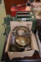 Montor Paraffin Stove, Vintage Red Painted Petrol Can and a Green Petrol Can