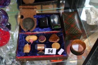 Cased set of Treen Needle workers items, Tartan ware, Fruitwood hinged and carved pocket watch
