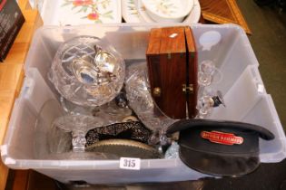 Box of assorted Crystal and glassware and a British Railways Cap with Badge