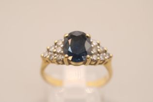 Large Sapphire & Diamond claw set. Oval Sapphire with Diamond set shoulders, ring Size Q. 6g total