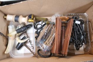 Collection of small bygones to include Corkscrews, Antique Keys, Lace makers bobbins etc