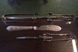 3 Silver Propelling Yard of Lead Pencils, 2 Pairs of Silver Sugar Tongs and a Silver plated