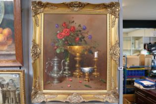 Gilt framed Still Life of Tableware and Flowers R Hunther