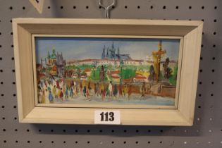 Small framed Acrylic on board entitled Prague dated 1992 marked LKF to reverse